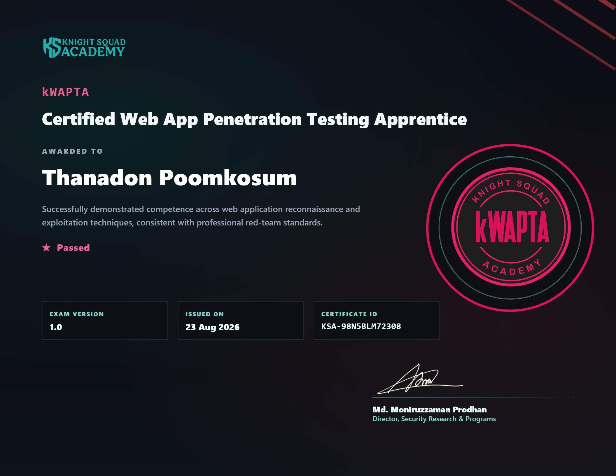 kWAPTA certificate